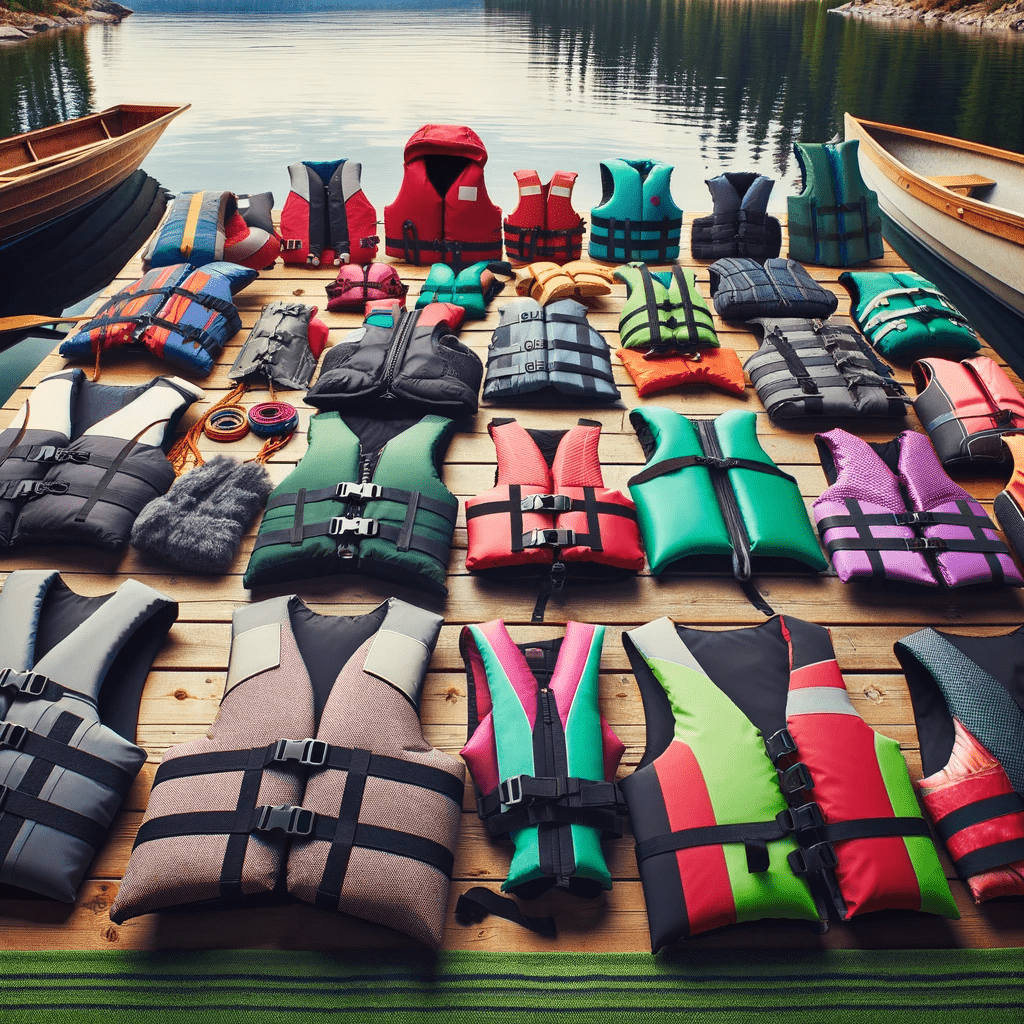 A diverse selection of personal flotation devices (PFDs), including various types of life jackets, life vests, and buoyancy aids, arranged on a wooden