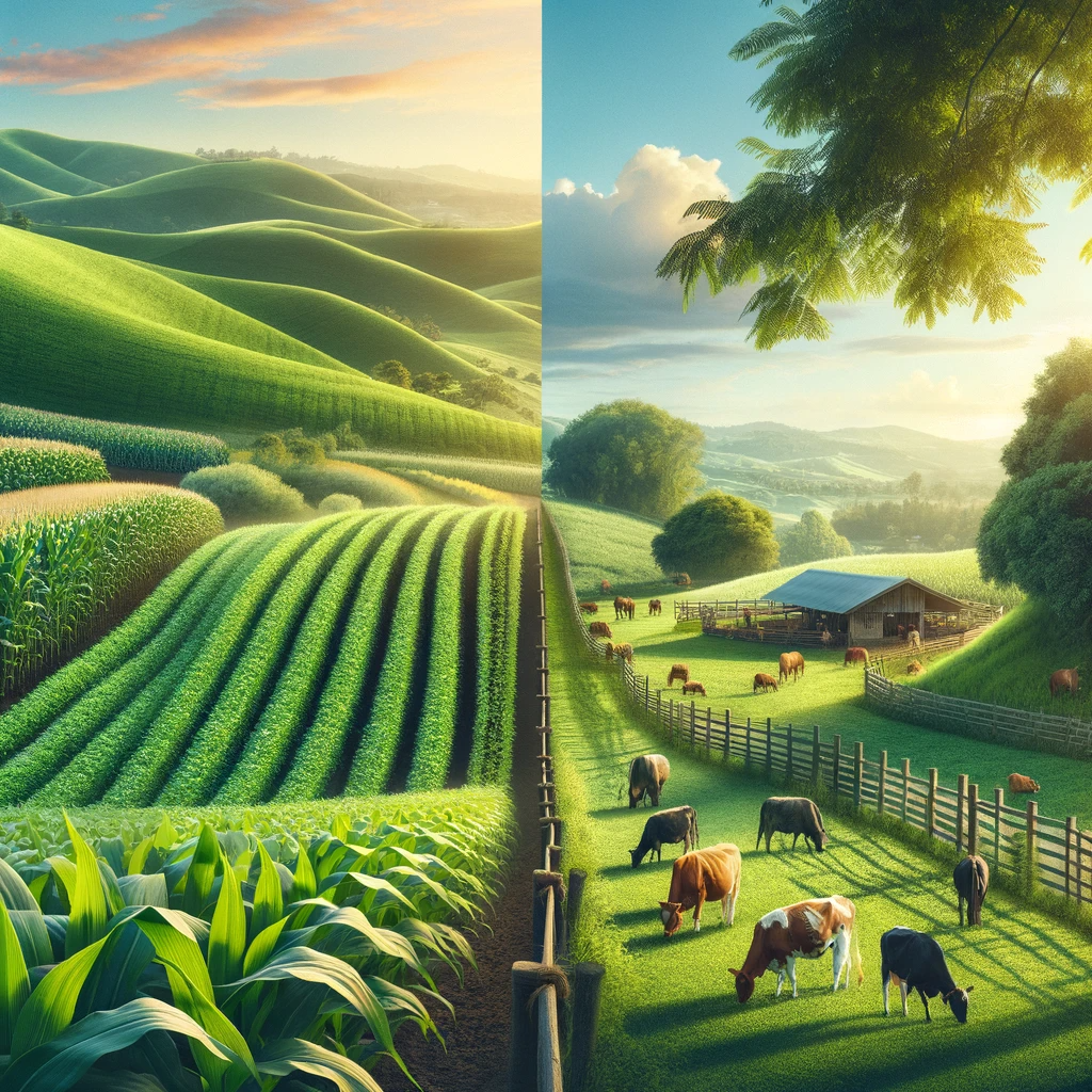 Picturesque farm with lush crops and livestock grazing